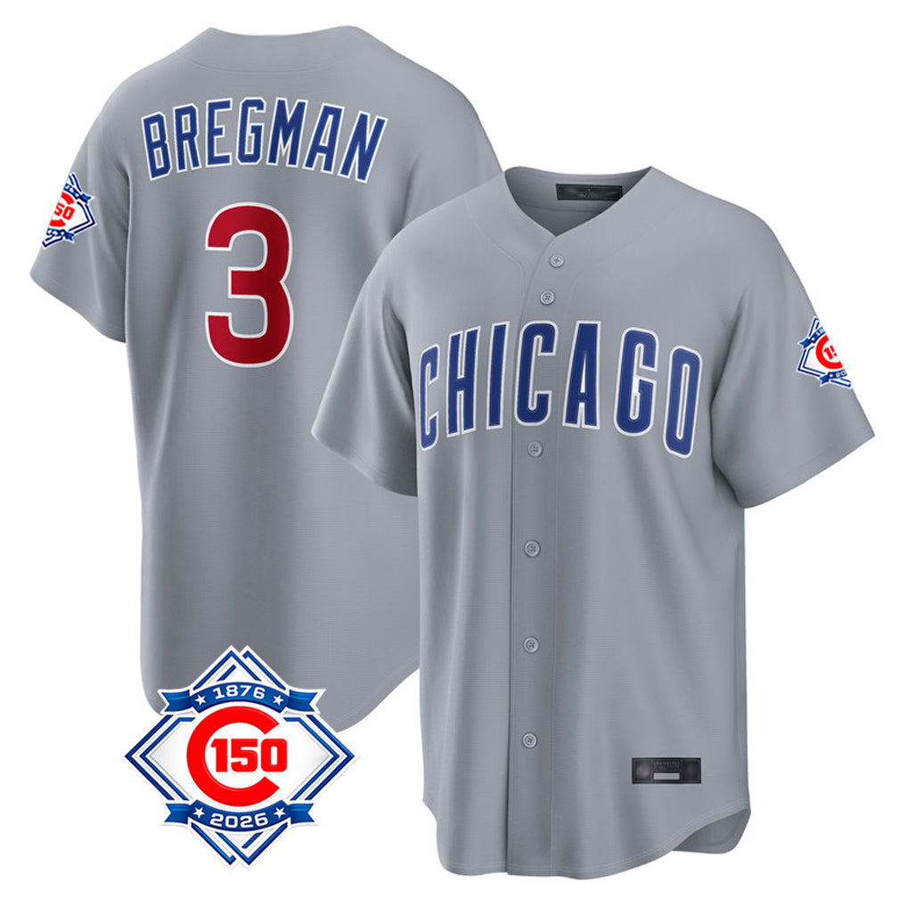 harde C.Cubs #3 Alex Bregman Gray 150th Anniversary Home Game Stitched Jerseys