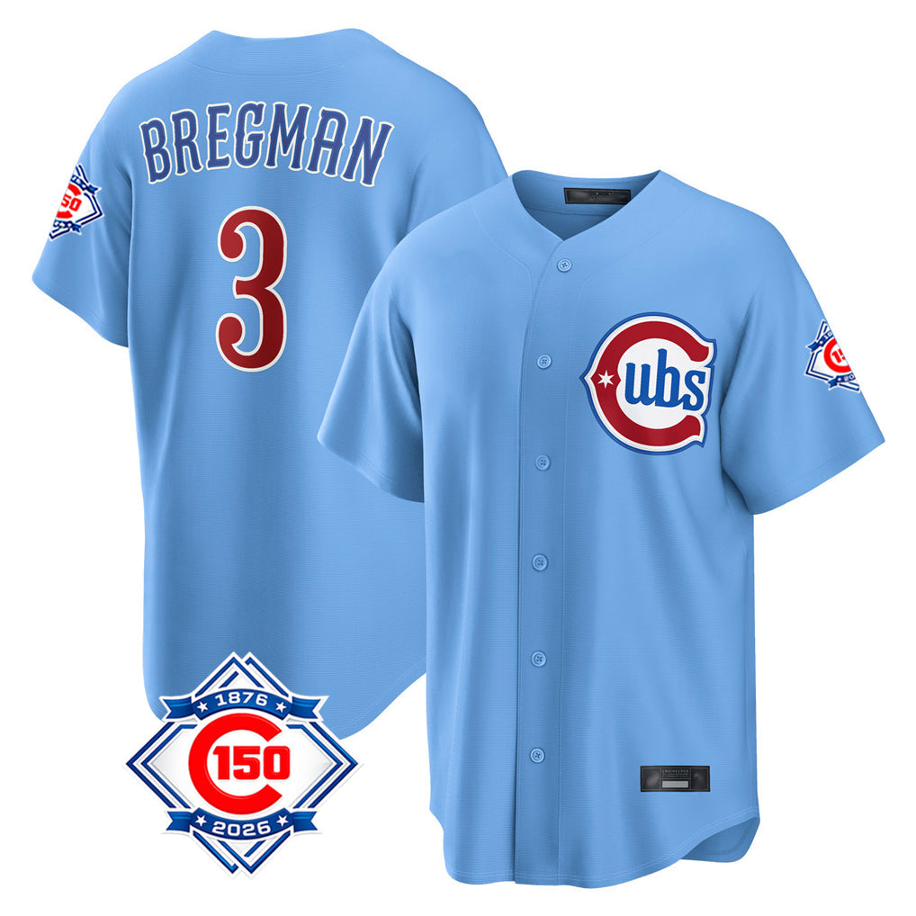 harde C.Cubs #3 Alex Bregman Light Blue 150th Anniversary Home Game Stitched Jerseys