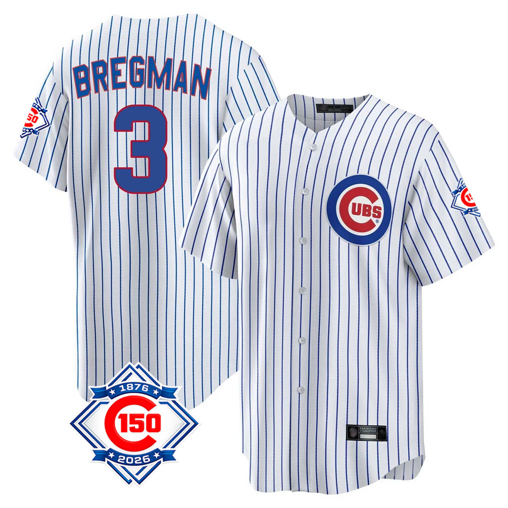 harde C.Cubs #3 Alex Bregman White 150th Anniversary Home Game Stitched Jerseys