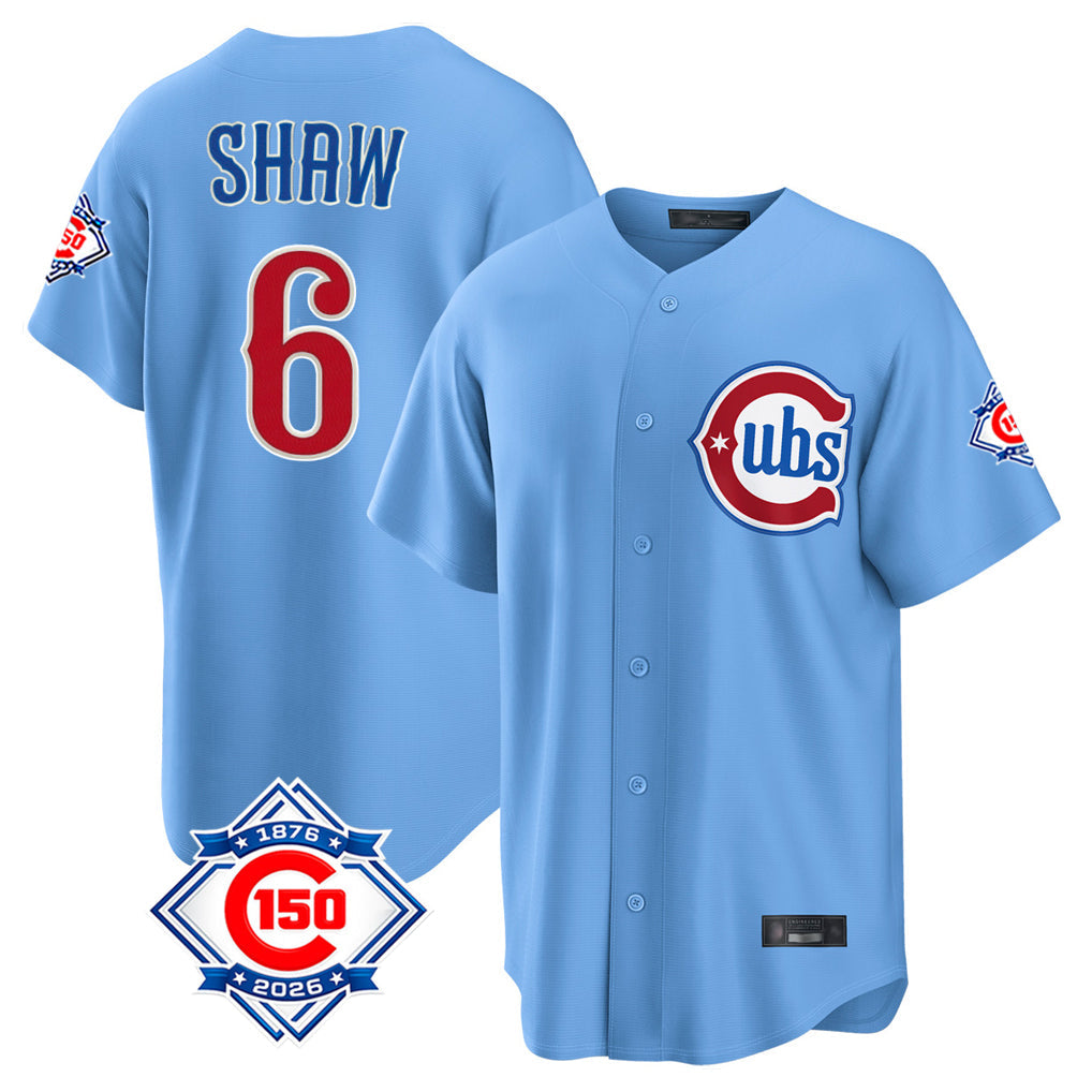 harde C.Cubs #6 Matt Shaw Player Light Blue 150th Anniversary Home Game Stitched Jerseys