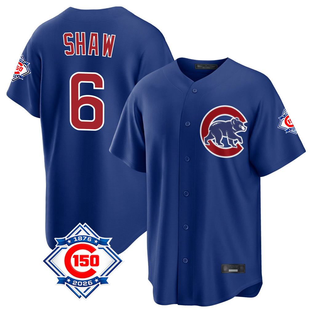 harde C.Cubs #6 Matt Shaw Player Royal 150th Anniversary Home Game Stitched Jerseys