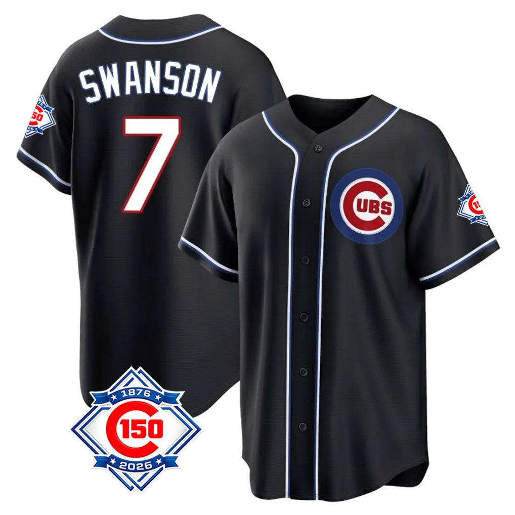 harde C.Cubs #7 Dansby Swanson Player Black Fashion Out 150th Anniversary Game Stitched Jerseys