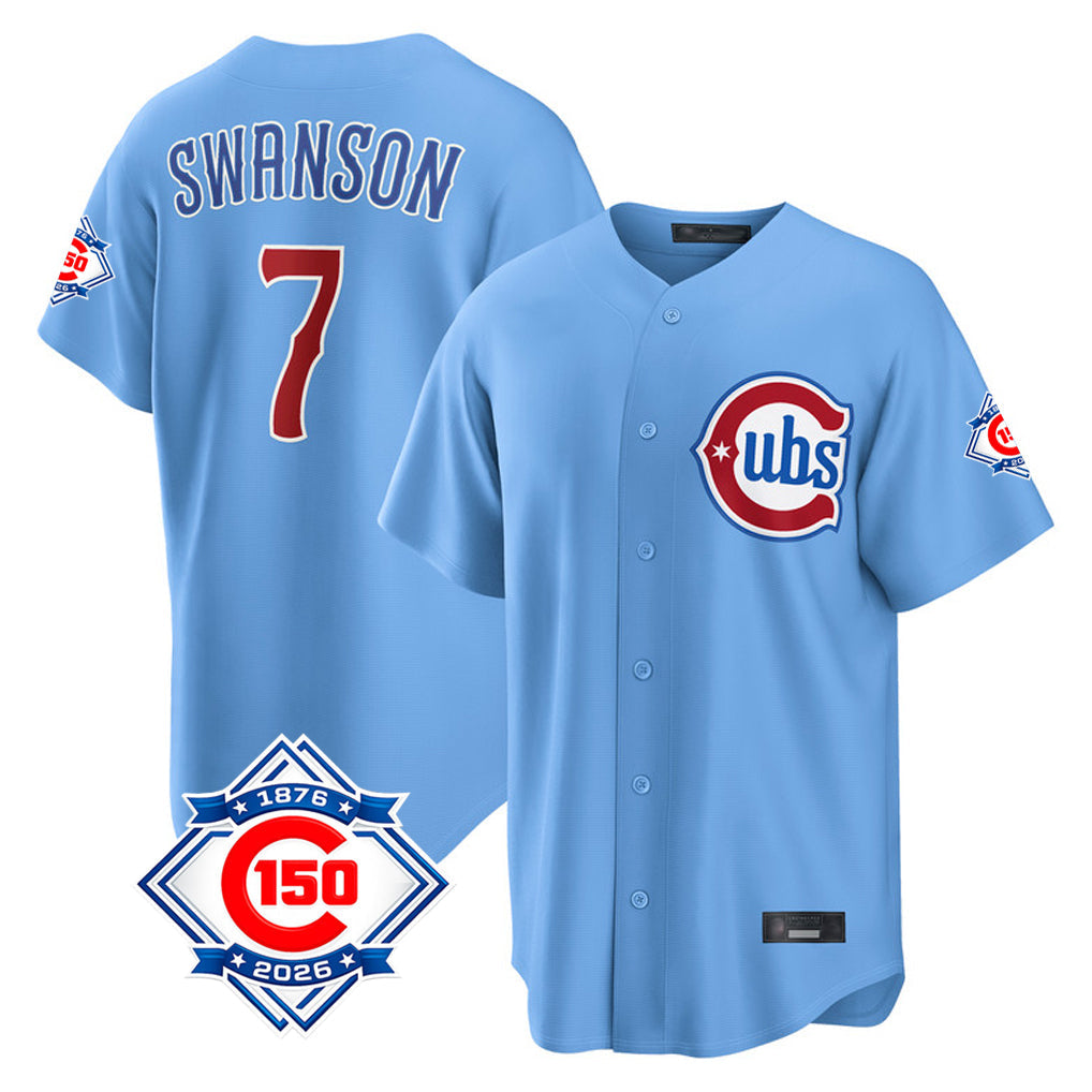 harde C.Cubs #7 Dansby Swanson Player Light Blue 150th Anniversary Home Game Stitched Jerseys