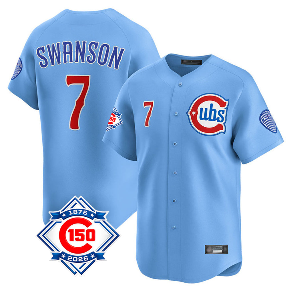 harde C.Cubs #7 Dansby Swanson Player Light Blue 150th Anniversary Limited Home Stitched Jerseys