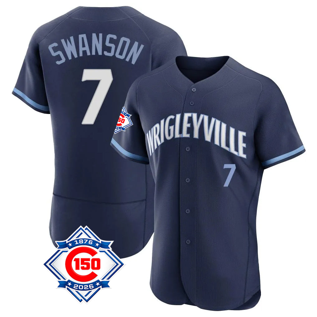 harde C.Cubs #7 Dansby Swanson Player Navy City Connect 150th Anniversary Limited Elite Home Stitched Jerseys