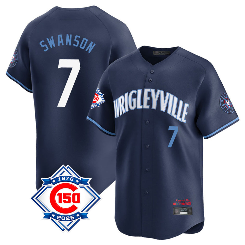 harde C.Cubs #7 Dansby Swanson Player Navy City Connect 150th Anniversary Limited Home Stitched Jerseys