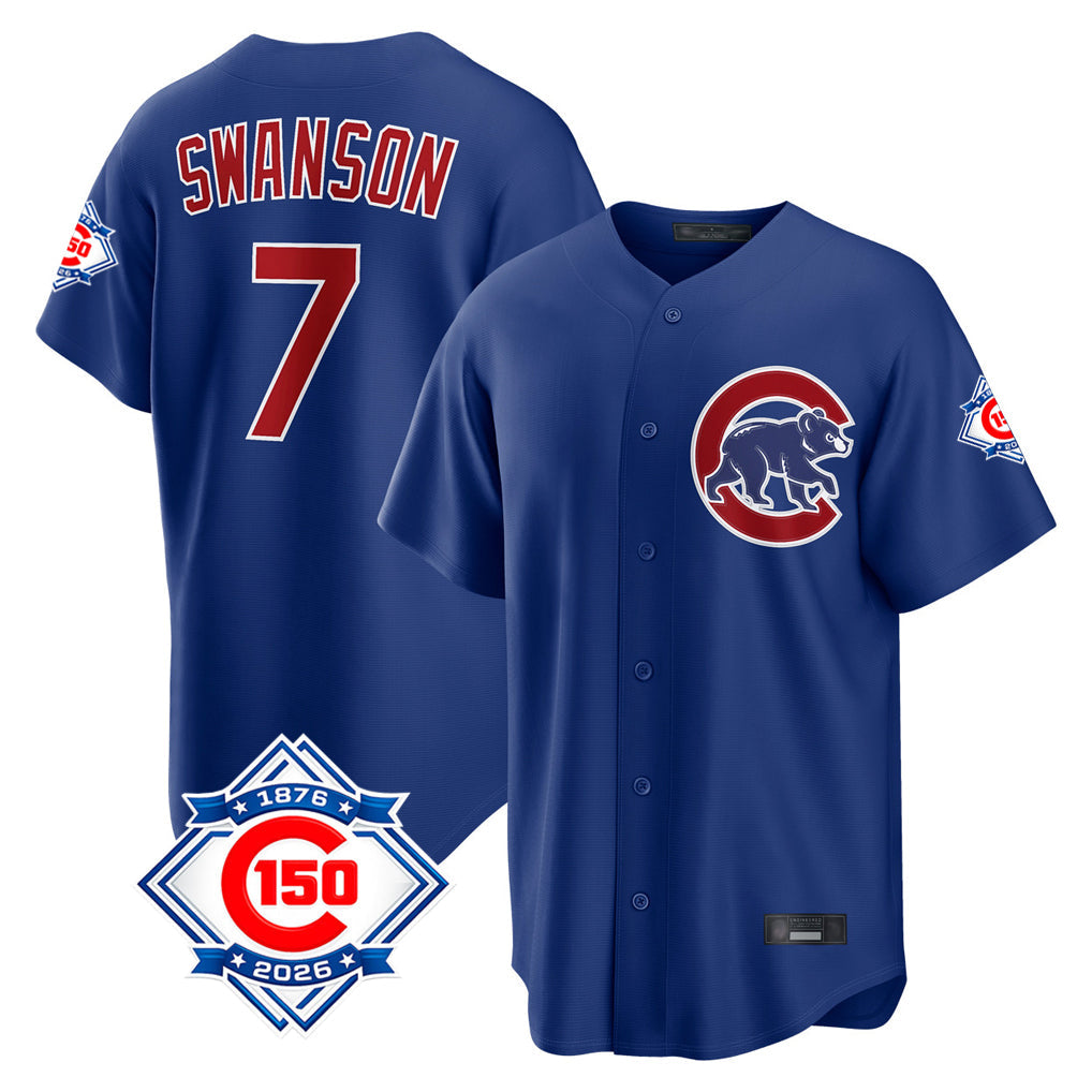 harde C.Cubs #7 Dansby Swanson Player Royal 150th Anniversary Home Game Stitched Jerseys