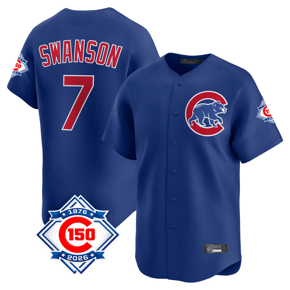 harde C.Cubs #7 Dansby Swanson Player Royal 150th Anniversary Limited Home Stitched Jerseys