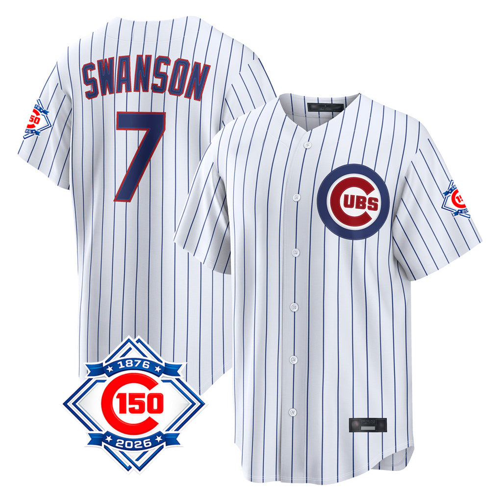harde C.Cubs #7 Dansby Swanson Player White 150th Anniversary Game Home Stitched Jerseys