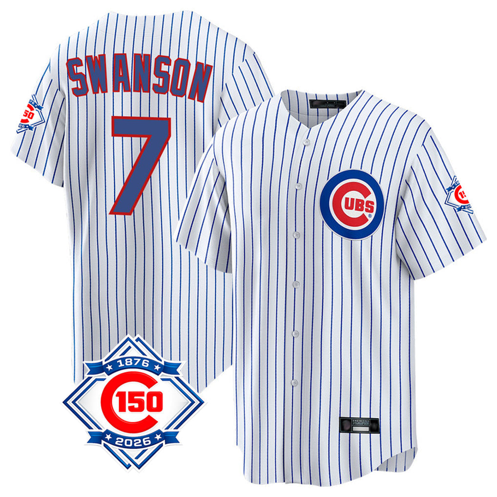 harde C.Cubs #7 Dansby Swanson Player White 150th Anniversary Home Game Stitched Jerseys