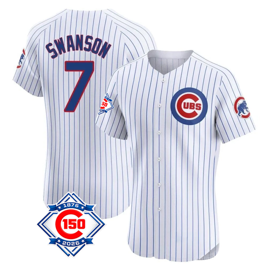harde C.Cubs #7 Dansby Swanson Player White 150th Anniversary Limited Elite Home Game Stitched Jerseys