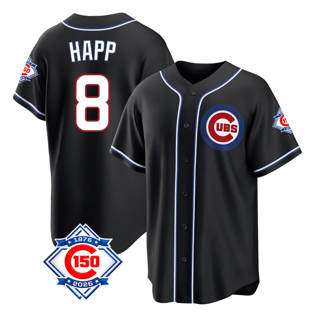 harde C.Cubs #8 Ian Happ Player Black Fashion Out 150th Anniversary Game Stitched Jerseys
