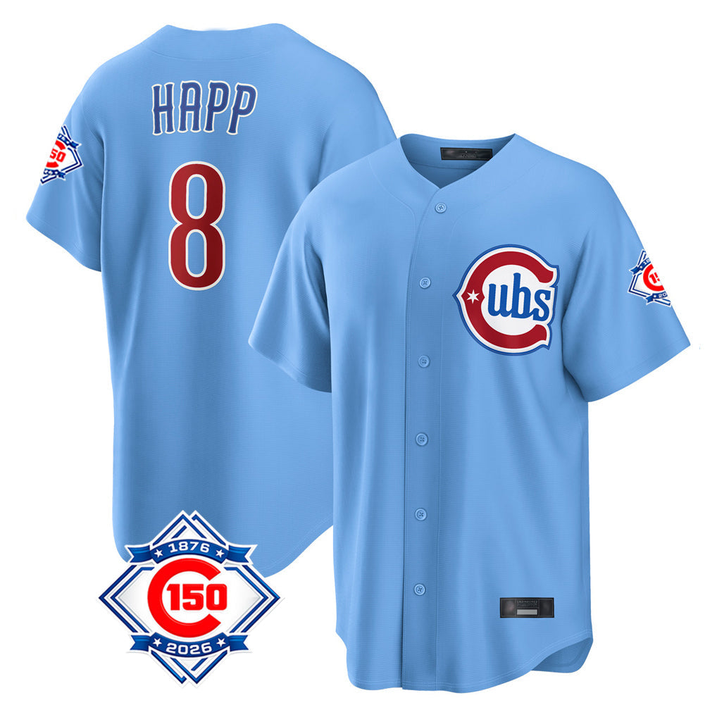 harde C.Cubs #8 Ian Happ Player Light Blue 150th Anniversary Home Game Stitched Jerseys