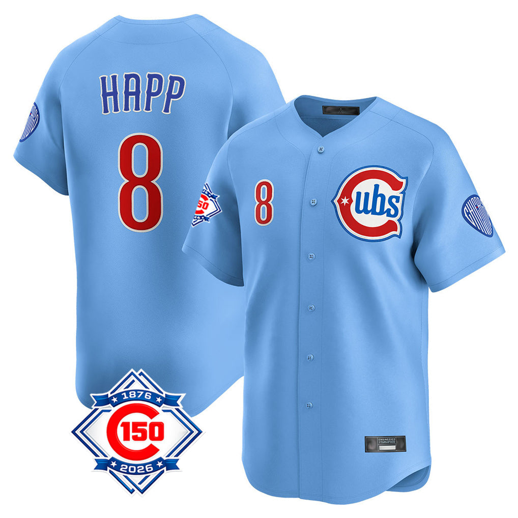 harde C.Cubs #8 Ian Happ Player Light Blue 150th Anniversary Limited Home Stitched Jerseys