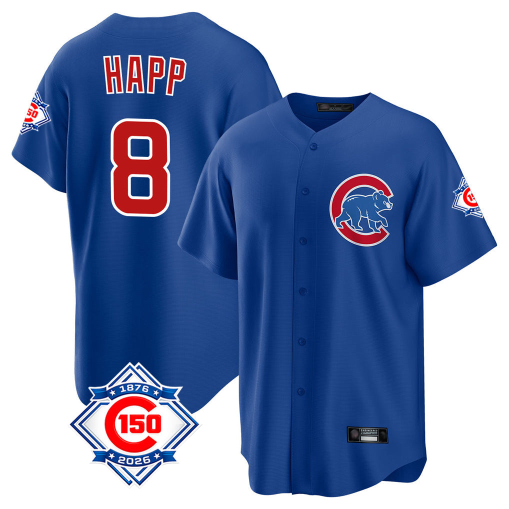 harde C.Cubs #8 Ian Happ Player Royal 150th Anniversary Home Game Stitched Jerseys