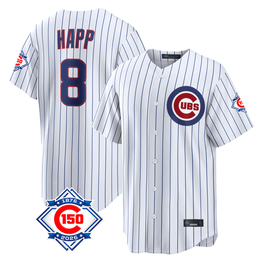 harde C.Cubs #8 Ian Happ Player White 150th Anniversary Limited Home Game Stitched Jerseys