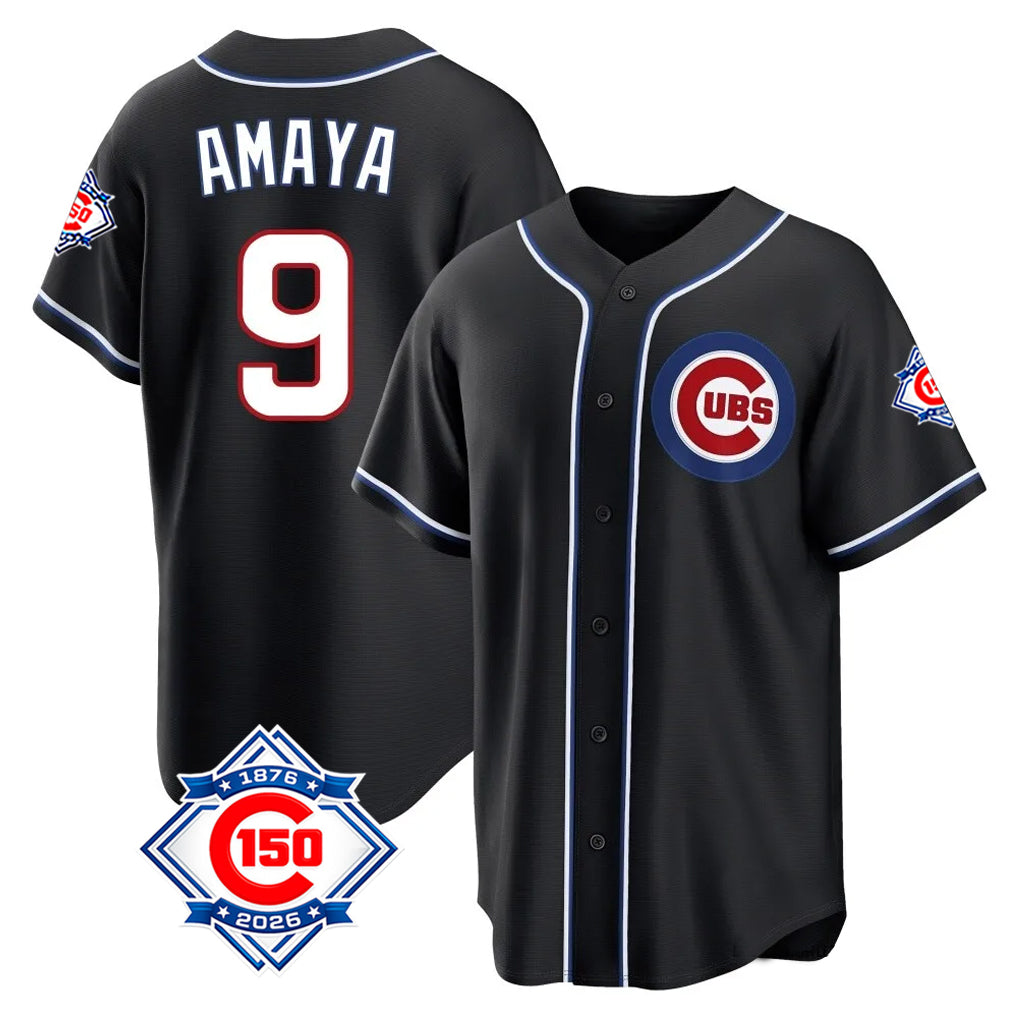 harde C.Cubs #9 Miguel Amaya Player Black Fashion Out 150th Anniversary Game Stitched Jerseys