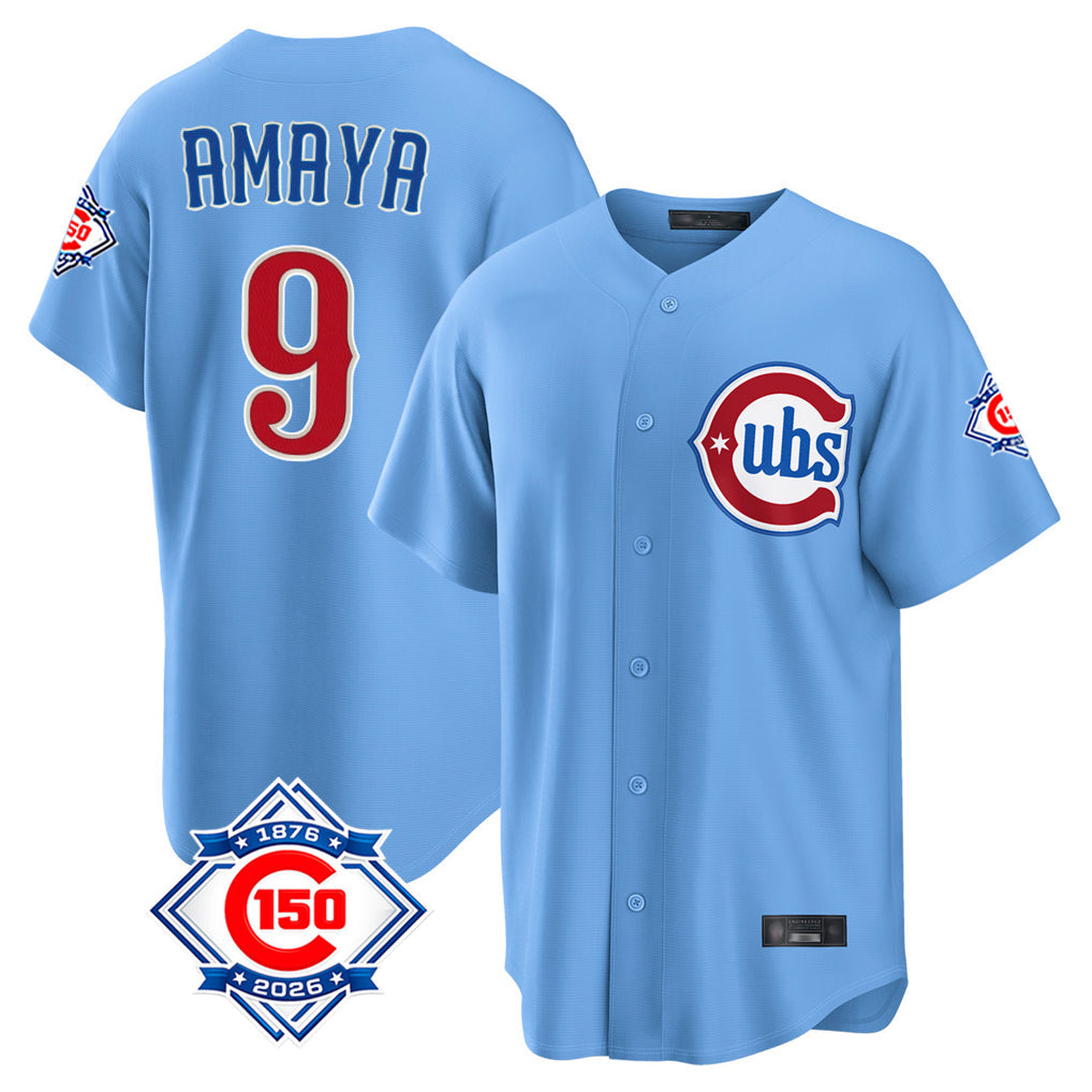 harde C.Cubs #9 Miguel Amaya Player Light Blue 150th Anniversary Home Game Stitched Jerseys