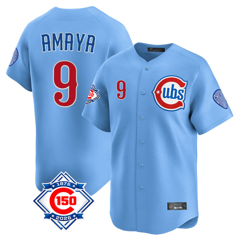 harde C.Cubs #9 Miguel Amaya Player Light Blue 150th Anniversary Limited Home Stitched Jerseys