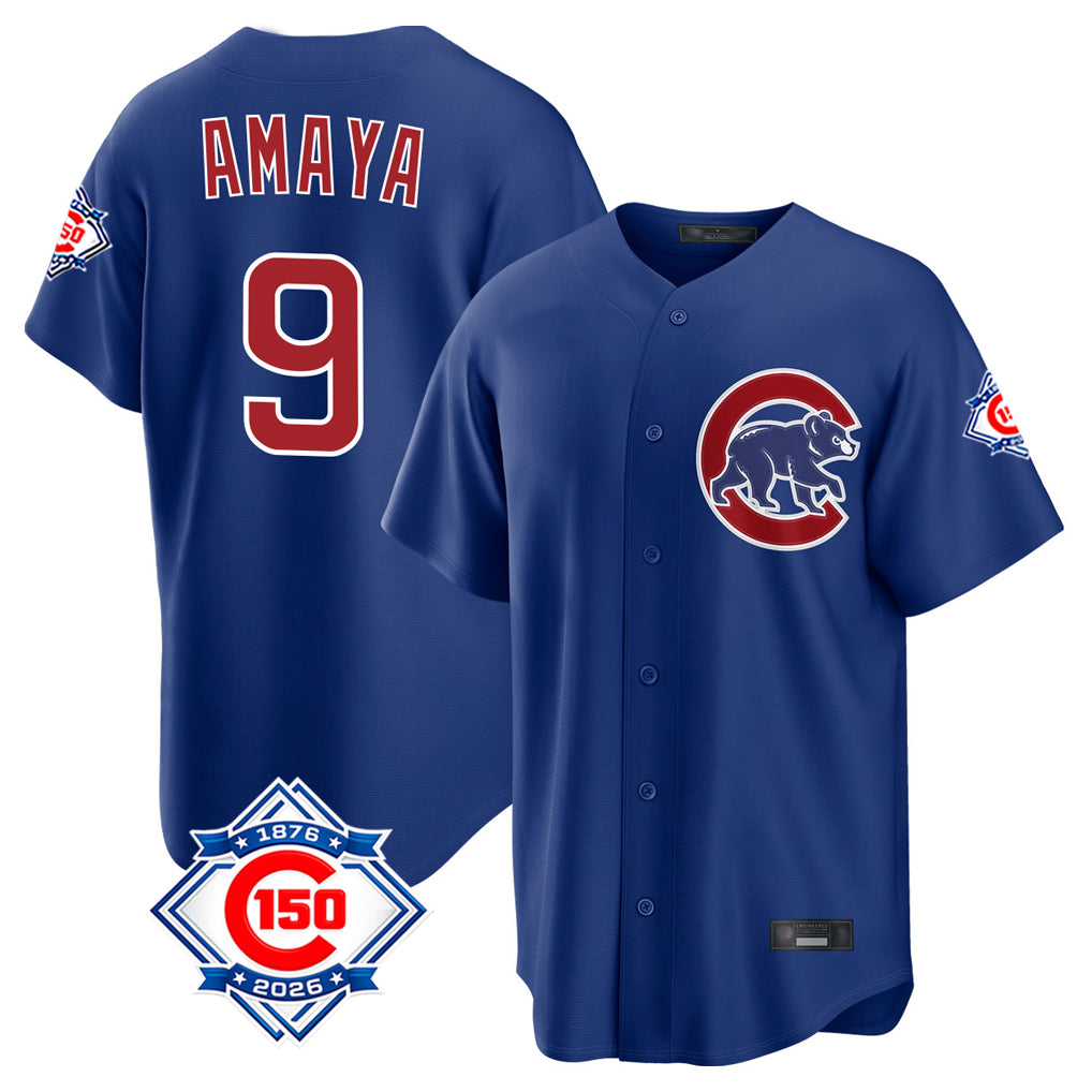 harde C.Cubs #9 Miguel Amaya Player Royal 150th Anniversary Home Game Stitched Jerseys