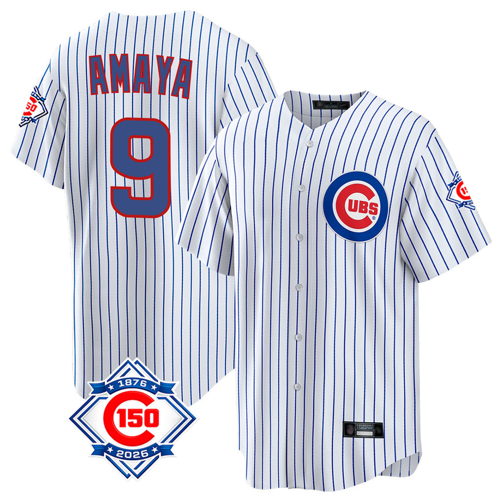 harde C.Cubs #9 Miguel Amaya Player White 150th Anniversary Home Game Stitched Jerseys