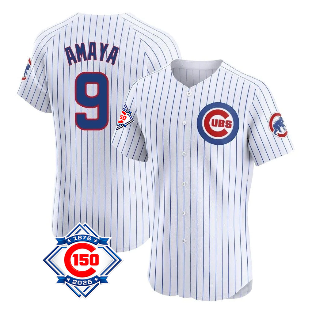 harde C.Cubs #9 Miguel Amaya Player White 150th Anniversary Limited Elite Home Game Stitched Jerseys