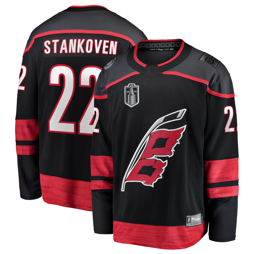 harde C.Hurricanes #22 Logan Stankoven Black 2026 Stanley Cup Final Home Breakaway Stitched Jerseys