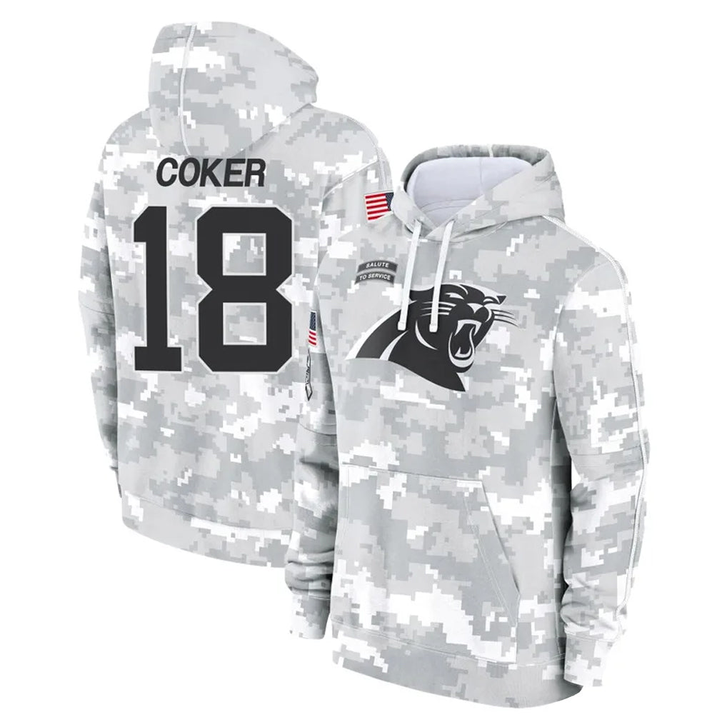 harde C.Panthers #18 Jalen Coker Player Arctic Camo Salute to Service Pullover Hoodies Limited Game Stitched Jerseys