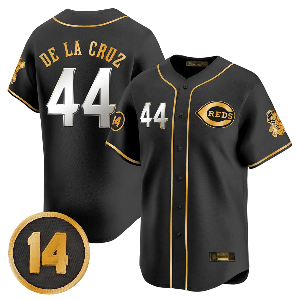 harde C.Reds #44 Elly De La Cruz Player Black-Gold Vapor Premier Limited Home Stitched Jerseys