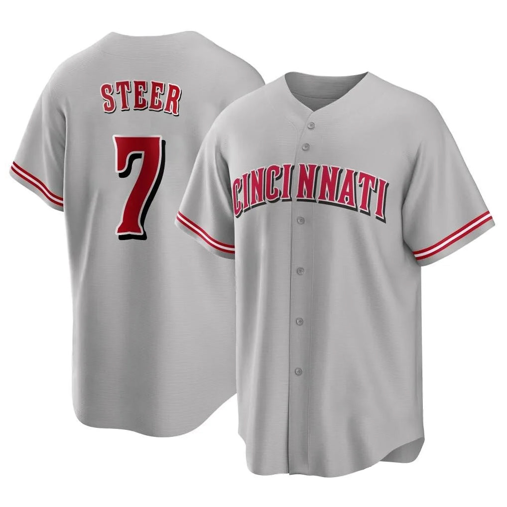 harde C.Reds #7 Spencer Steer Player Gray Home Game Stitched Jerseys