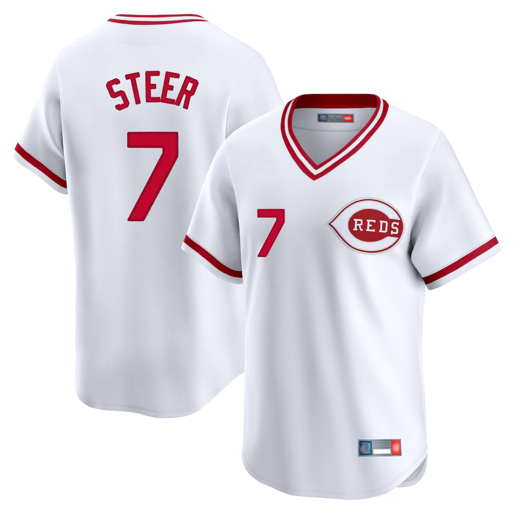 harde C.Reds #7 Spencer Steer Player White Cooperstown Collection Limited T-shirt Home Stitched Jerseys
