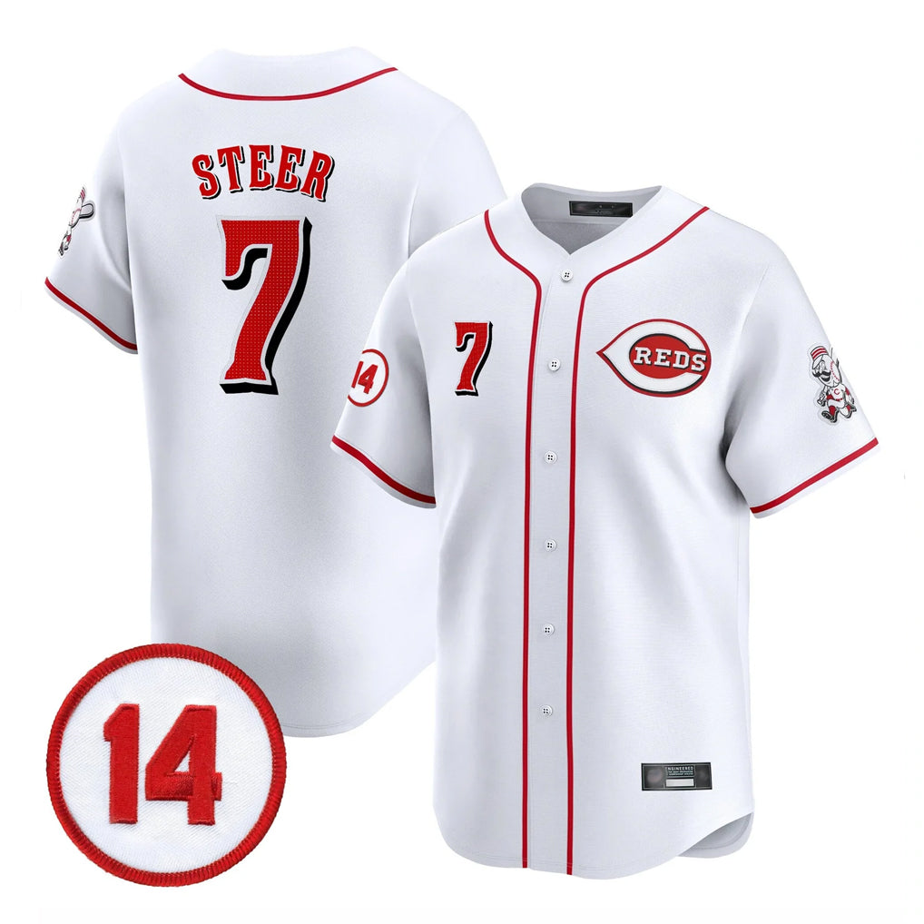 harde C.Reds #7 Spencer Steer Player White Vapor Premier Limited Home Stitched Jerseys