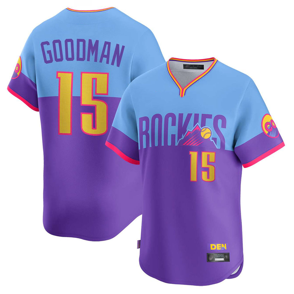 harde C.Rockies #15 Hunter Goodman Player Purple-Light Blue City Connect Limited Home T-shirt Stitched Jerseys