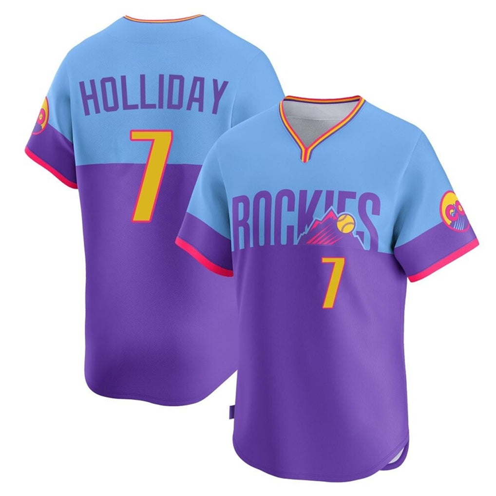 harde C.Rockies #7 Matt Holliday Player Purple-Light Blue City Connect Limited Home T-shirt Stitched Jerseys