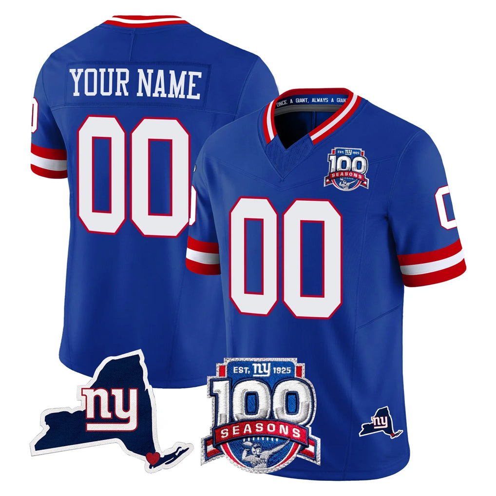harde Custom NY.Giants Royal 100th Season & State Patch Vapor Limited Home Game Any Name & Numbers Stitched Jerseys