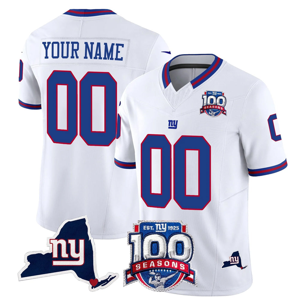 harde Custom NY.Giants White 100th Season & State Patch Vapor Limited Home Game Any Name & Numbers Stitched Jerseys