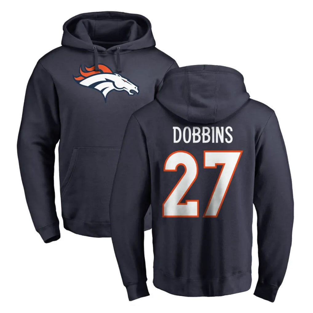 harde D.Broncos #27 J.K. Dobbins Player Navy Pullover Hoodie Limited Stitched Jerseys
