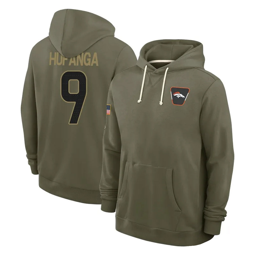 harde D.Broncos #9 Talanoa Hufanga Player Olive Salute to Service Pullover Hoodies Limited Stitched Jerseys