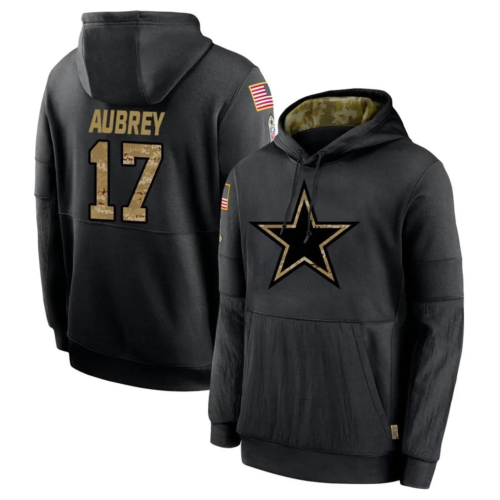 harde D.Cowboys #17 Brandon Aubrey Player Black Salute to Service Pullover Hoodies Limited Stitched Jerseys