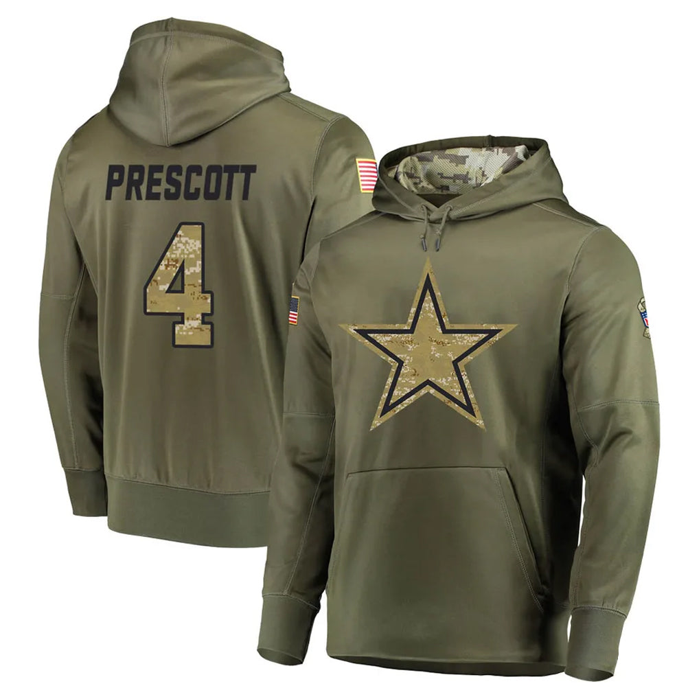 harde D.Cowboys #4 Dak Prescott Player Olive Salute to Service Pullover Hoodies Home Game Stitched Jerseys