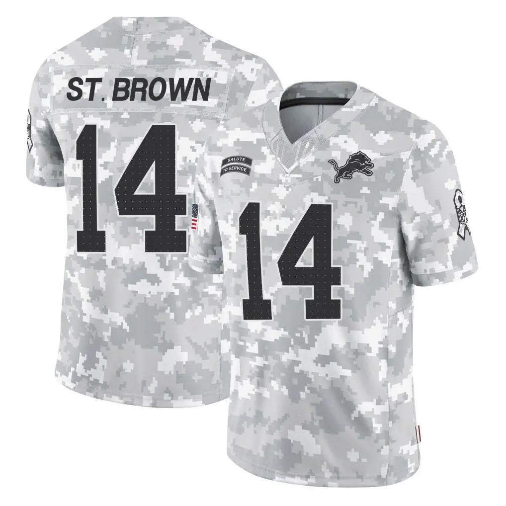 harde D.Lions #14 Amon-Ra St. Brown Player Arctic Camo Salute To Service Limited Stitched Jerseys