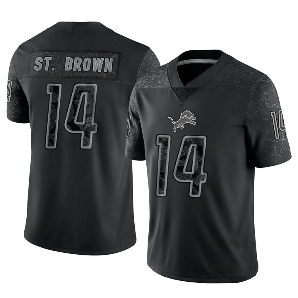 harde D.Lions #14 Amon-Ra St. Brown Player Black REFLECTIVE Limited Stitched Jerseys