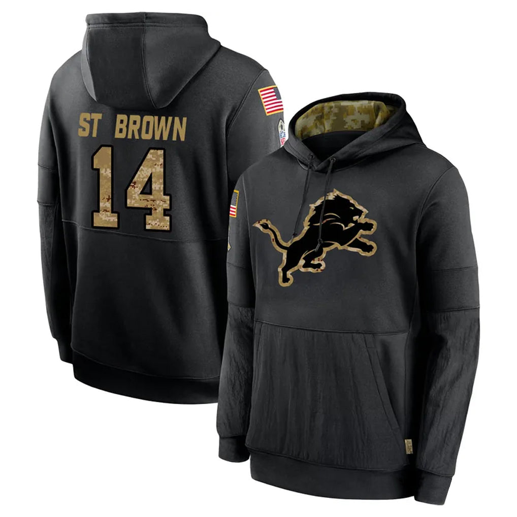 harde D.Lions #14 Amon-Ra St. Brown Player Black Salute to Service Hoodies Limited Game Stitched Jerseys
