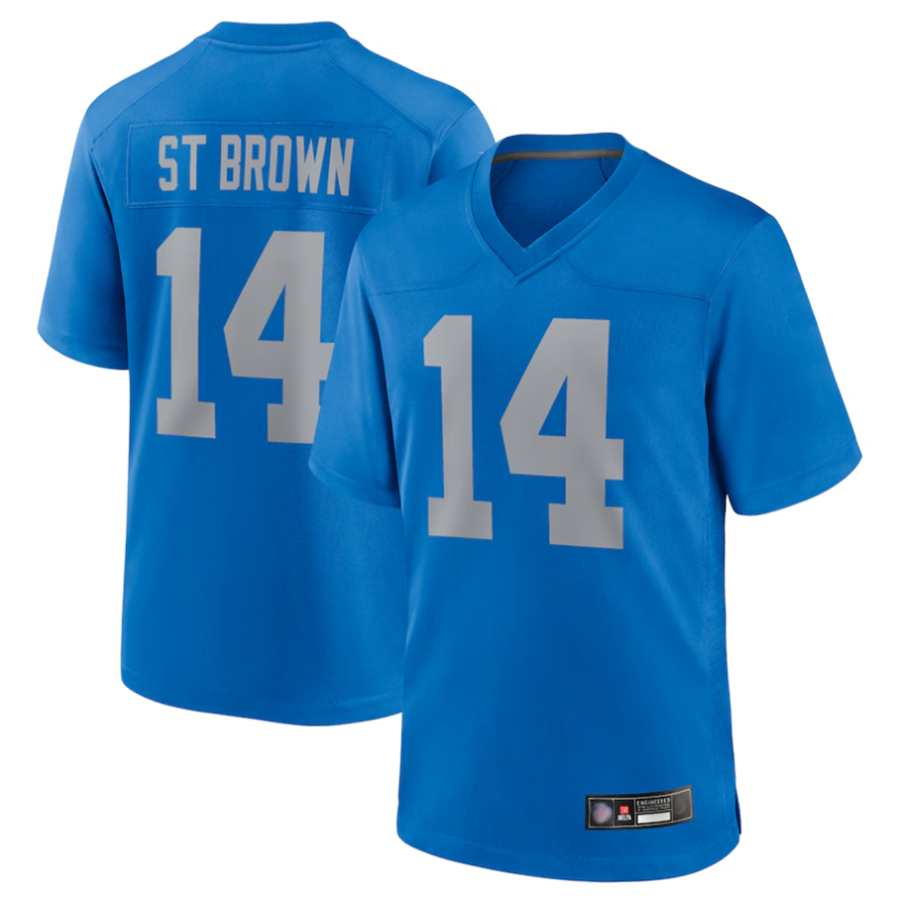 harde D.Lions #14 Amon-Ra St. Brown Player Blue Game Replica Stitched Jerseys