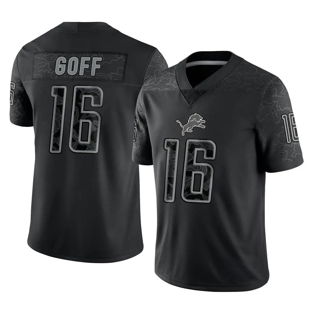 harde D.Lions #16 Jared Goff Player Black REFLECTIVE Limited Stitched Jerseys