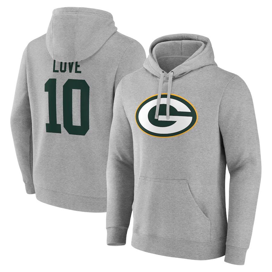 harde GB.Packers #10 Jordan Love Player Gray Pullover Hoodie Game Stitched Jerseys