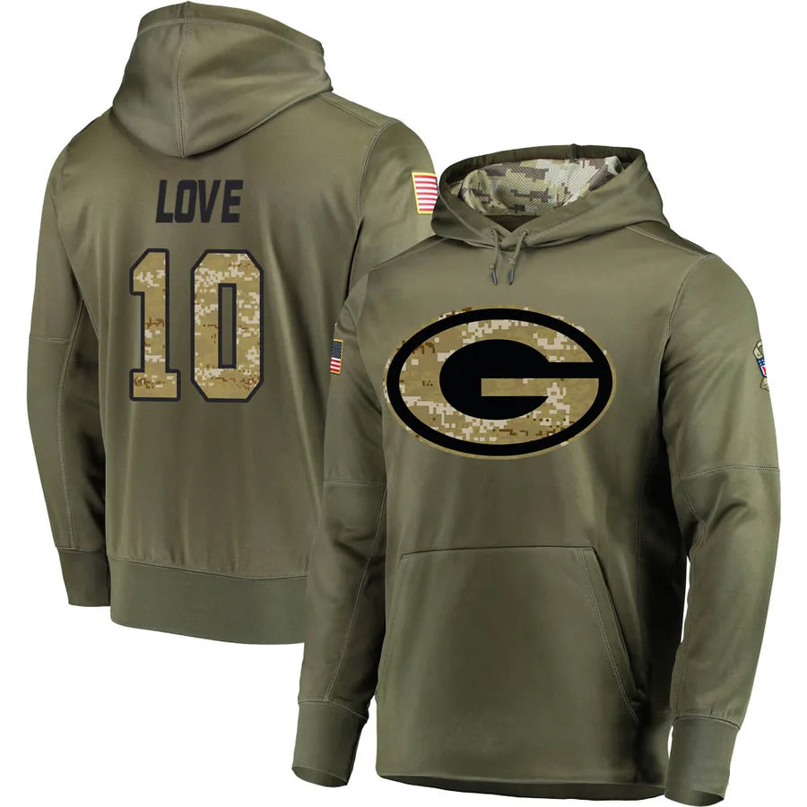 harde GB.Packers #10 Jordan Love Player Olive Salute to Service Pullover Hoodie Game Stitched Jerseys