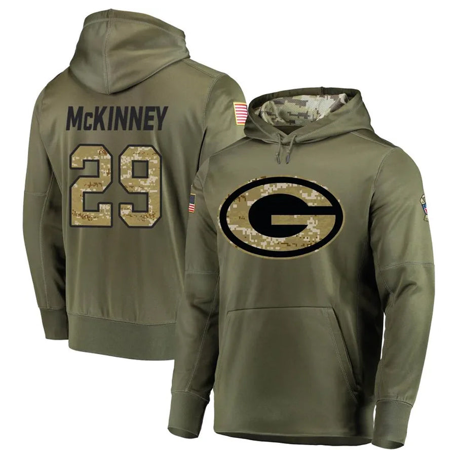harde GB.Packers #29 Xavier McKinney Player Olive Salute to Service Pullover Hoodie Game Stitched Jerseys
