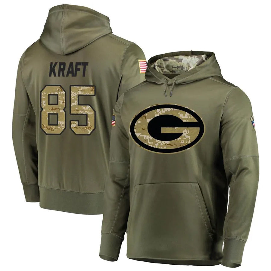 harde GB.Packers #85 Tucker Kraft Player Olive Salute to Service Pullover Hoodie Game Stitched Jerseys