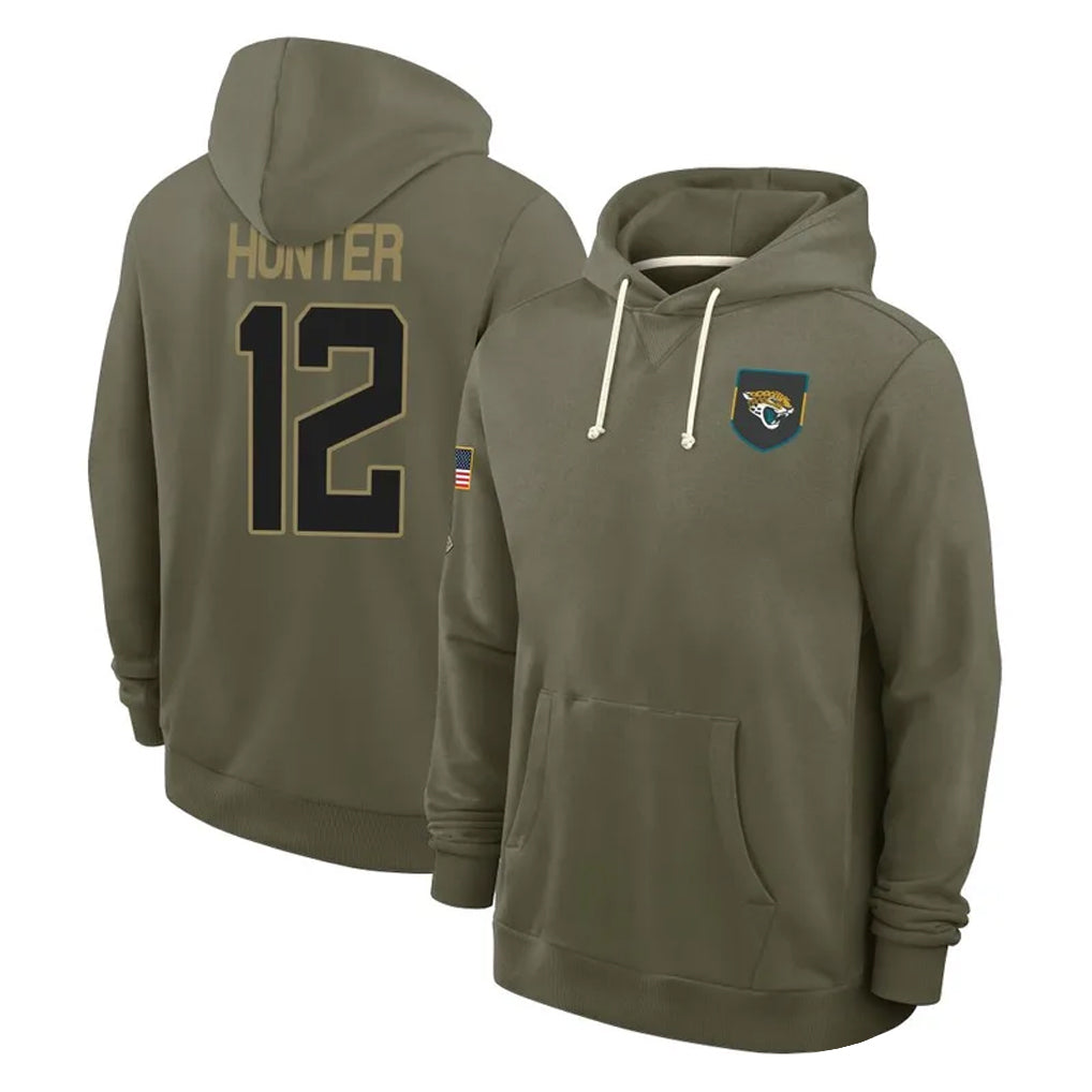 harde J.Jaguars #12 Travis Hunter Player Olive Salute to Service Pullover Hoodies Limited Stitched Jerseys